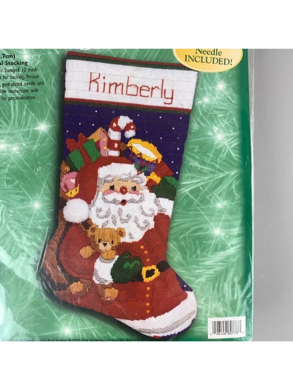 Bucilla 60773 Santa & Teddy Bear Longstitch Needlepoint Stocking Kit 18 in Vtg